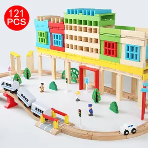 COMMIKI, 121 piezas de madera, tren de pista de haya para niños, juego de palos de construcción de bloques Archimead, juguete educativo de 3 años