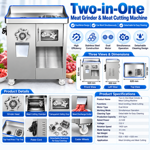 Broyeur et coupe-viande commercial 2 en 1, double moteur, fonctionnement simultané, 400 kg/h, machine de transformation de la viande en acier inoxydable - Product Image 3