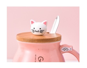 Vendita calda Cat in ceramica tazze da caffè con coperchio di bambù carino con disegno di cartone animato tazza di porcellana per latte caffè promozionale tazza con cucchiaio - Product Image 5