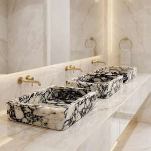 Vasque de luxe rectangulaire en marbre Viola naturel pour salle de bain, meubles de salle de bain modernes au design tropical, sur mesure en pierre pour hôtel - Product Image 1