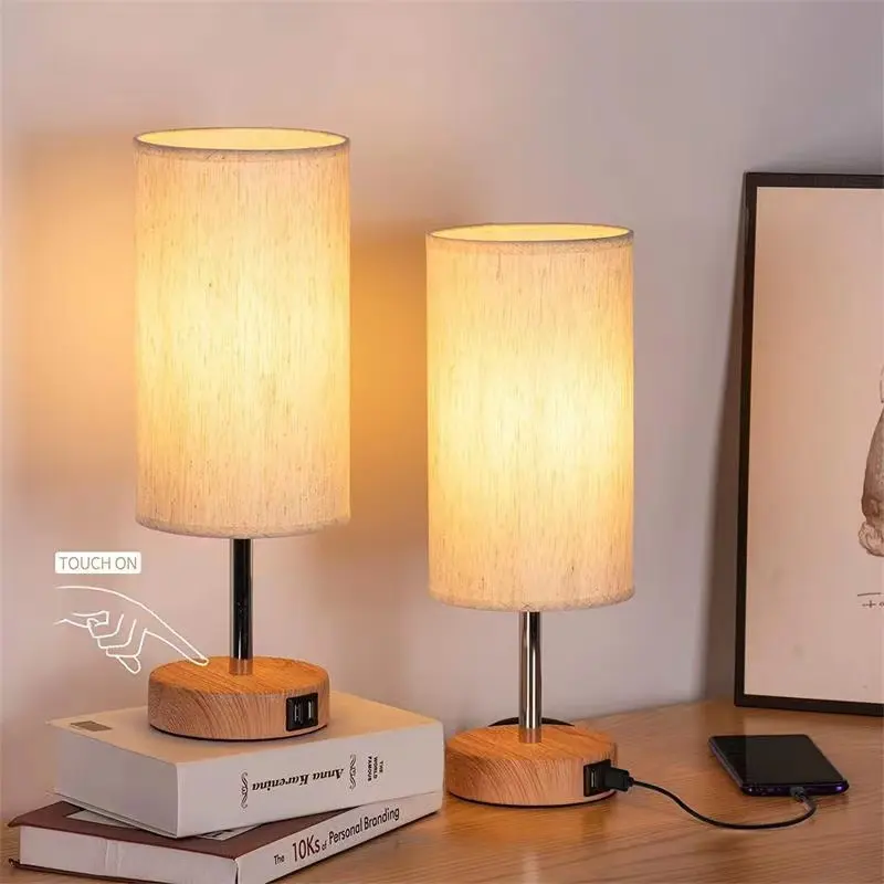 Touch Control Wooden Bedside Table Lamp With Usb Port Nightstand Lamp With Linen Fabric Shade For Living Room