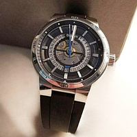 Montre automatique mécanique squelette de luxe d'occasion bleue en acier inoxydable, étanche 100M, bracelet en caoutchouc noir, pour homme, usage quotidien et extérieur
