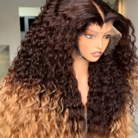Perruque bouclée Jerry Ombre Brun Blond Miel sans colle 4x4 HD pour Lace Frontal en Cheveux Humains Vierges