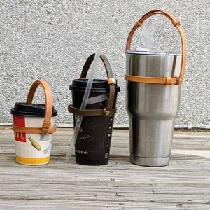조정 가능한 PU 가죽 컵 홀더 핸들 스트랩 컵 슬리브 커피 컵 음료 병 캐리어 핸드 체인