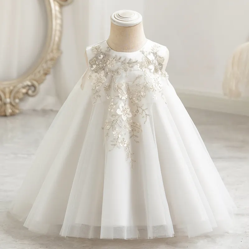 Mini elbise için parti doğum günü çiçek kız kabarık kolsuz elbiseler çocuk kostüm bebek kız prenses beyaz elbise