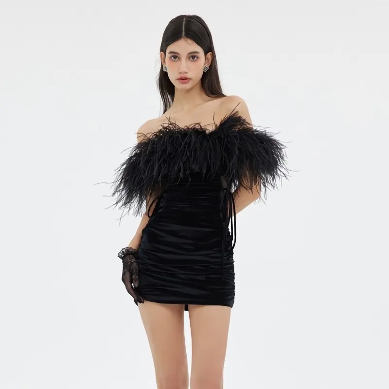 New Style Fashion Party Evening Dress Girls Clothing Off Shoulder Ostrich Feather Dress