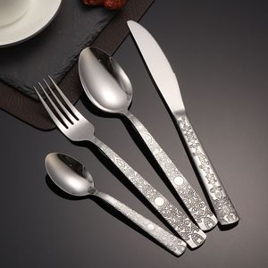 ชุดช้อนส้อมสแตนเลสลายคลาสสิก 4 ชิ้น ขัดเงาแบบกระจก ใช้ซ้ำได้ - Product Image 1