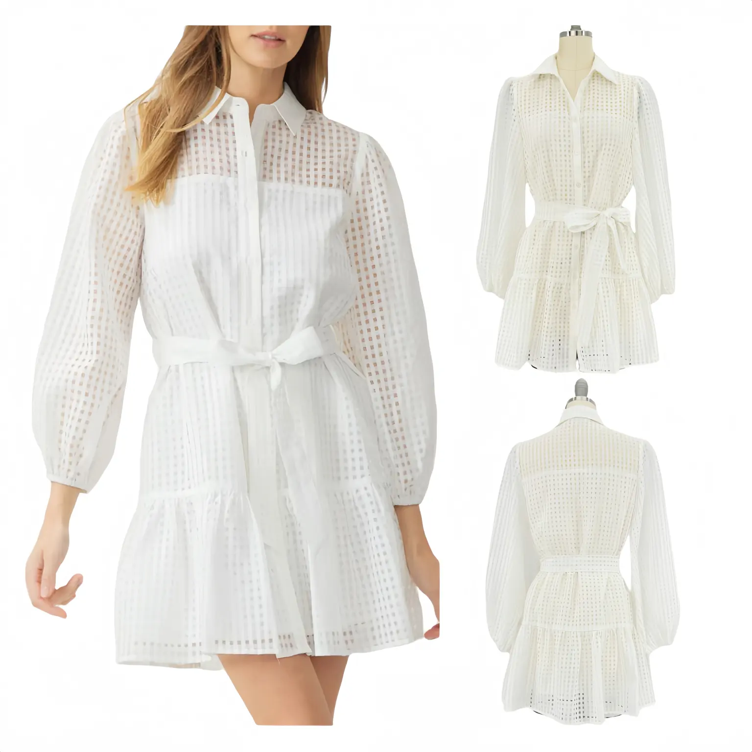 Weißes Gingham-Hemd kleid Summer Smock Style Self Tiered Mini kleid für Damen Elegante Arbeits kleidung