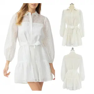 White Gingham Shirt Dress Summer Smock Style Self Tiered Mini Dress for Women Elegant Workwear
