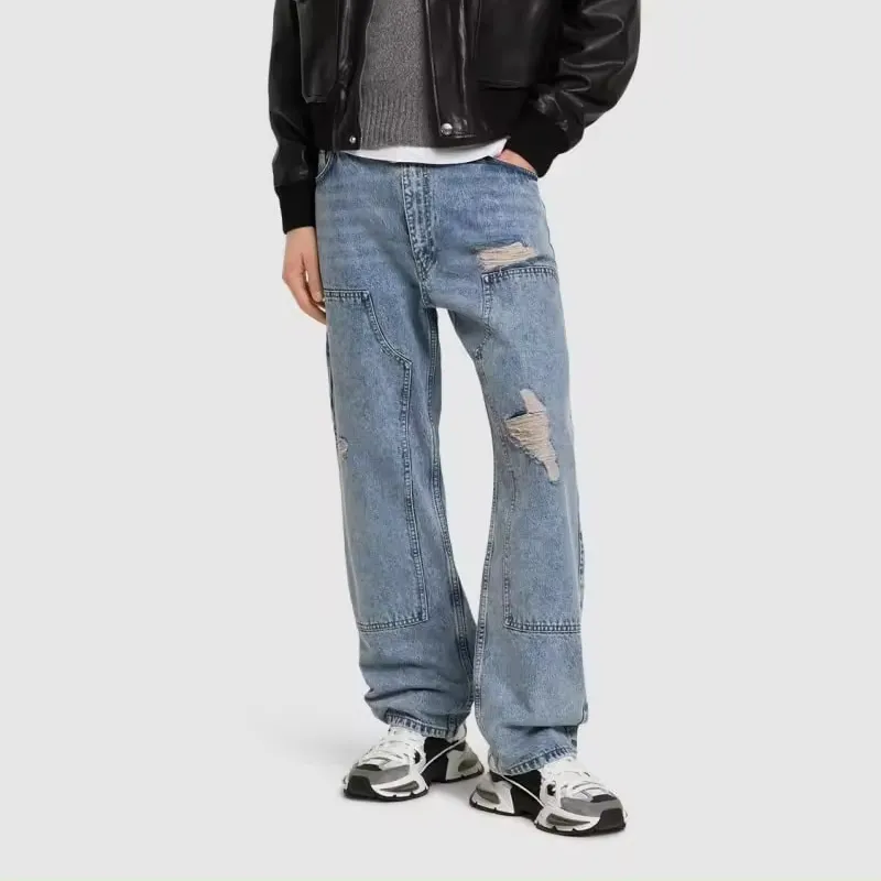 New Pants Washed Denim Men's Zipper Vintage Jeans 2024 American Style Pop High Street Fashion