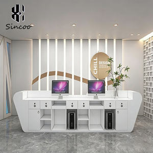 Comptoir de réception de luxe en bois massif blanc moderne avec éclairage LED de forme artistique unique, prix d'usine, pour salon de beauté, spa, hôtel, immeuble de bureaux - Product Image 5