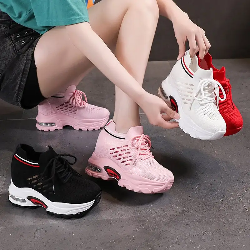 Women Fashion Platform Sneakers Wedge Shoes For Women 8.5cm Height Increasing Ladies Walking Lace Up Casual Shoes 2021
