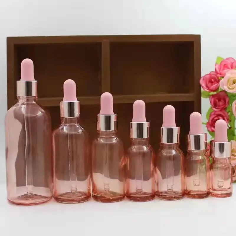 Pink Pink botol tetes mata kaca bening mewah untuk kosmetik botol minyak esensial mawar emas