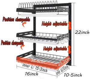 Scolapiatti a <span class=keywords><strong>3</strong></span> Ripiani con Cestello Portafrutta e Verdura, Vassoio di Drenaggio e Portaposate da Parete - Product Image 4