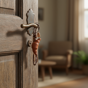 Portachiavi con ciondolo a forma di croissant, cordino intrecciato in pelle marrone, accessorio decorativo per chiavi - Product Image 2