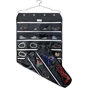 Organisateur de bijoux suspendu, 56 poches à fermeture éclair, noir, pour le rangement des boucles d'oreilles et des bagues, pour femmes et filles, en tissu Oxford - Product Image 1