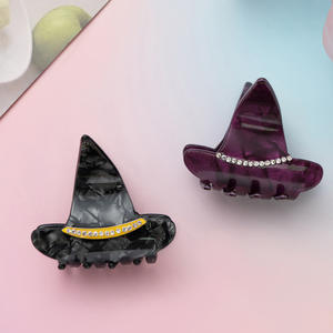 Pince à cheveux personnalisée en forme de chapeau de sorcière d'Halloween, mignonne, en plastique, avec strass, pour la vente en gros - Product Image 3