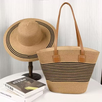 Populaire Luxe Grand Sac Fourre-tout de Plage en Paille Assorti Chapeau de Soleil et Sac à Main Ensembles pour Femme