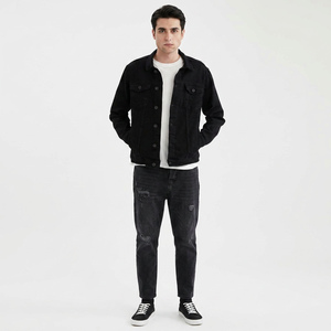 Spring Autumn Men's Denim <b>Jacket</b> Stand Collar Windproof Hooded <b>Slim</b> <b>Fit</b> Casual Solid Color Cotton High Street <b>Jacket</b> - Product Image 1