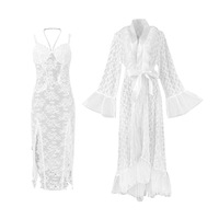 Chemise de nuit blanche style socialite en dentelle à col en V, en fibre de polyester, avec maille transparente, longue, ornée de fausse fourrure, sexy, pour l'été, l'automne et le printemps