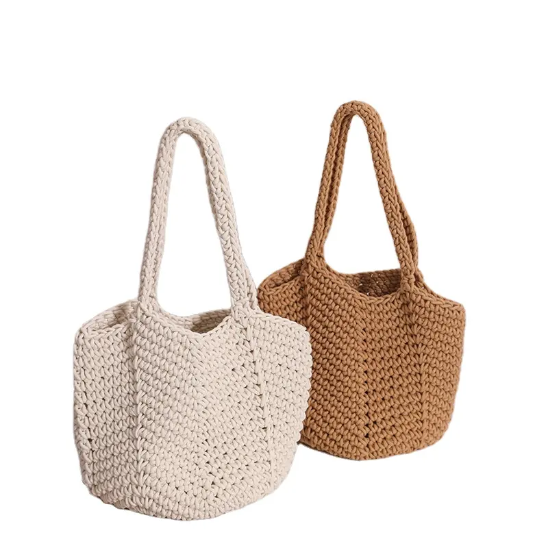 Hollow Out Bucket Bag Summer Colorful Handwoven Shoulder Bag Y2K Womens Fashion Beach Rope Knitted Trendy Straw Pocket Tote
