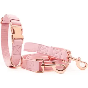 Custom Kleur Dubbele Haken Luxe Zacht Leer En Nylon Hond Lead Leash En Kraag Set Met Gouden Gesp