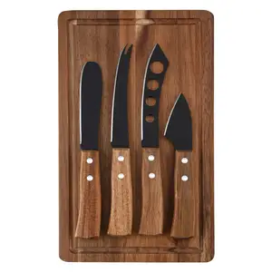 Commercio all'ingrosso di vendita calda formaggio burro coltello Set salumi tavola di Acacia con coltello Picnic Set regalo di 5 pezzi di formaggio coltello