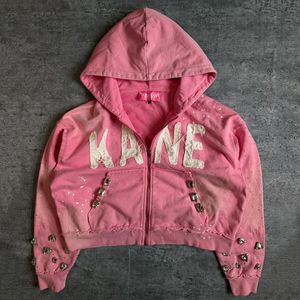 Men Zip up Hoodie Pink Vintage Washed Distressed Hooded <b>Jacket</b> Patchwork Letter Applique Big <b>Rhinestone</b> Paint Splatter Hoodie - Product Image 1