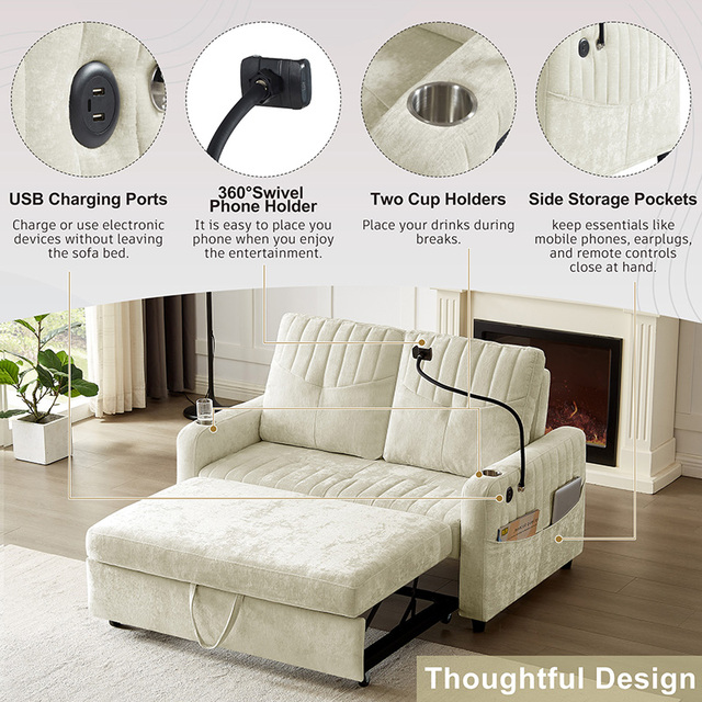 Multi-Functional Convertible Sofa Bed with USB & 360° Phone Holder Chenille Sleeper Couch for Living Room Apartment Guest Room