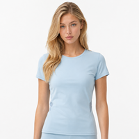 T-shirt à manches courtes col rond coupe ajustée avec logo personnalisé pour femme – Haut décontracté basique, conception OEM/ODM, vêtements de sport personnalisés avec logo