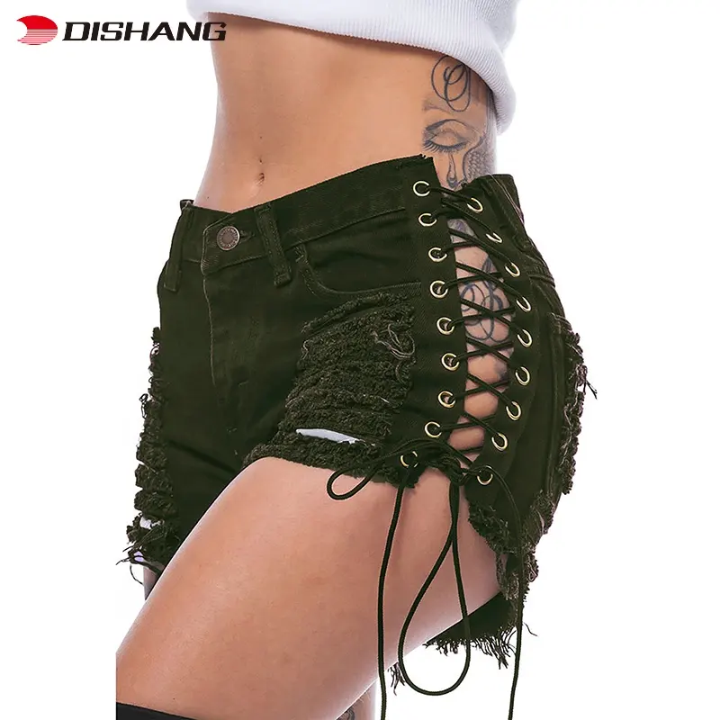 Sexy Summer Women Denim Shorts Black Ripped Short Jeans Femme Lace Up Bandage Hotpants