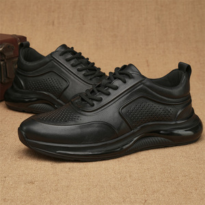 Chaussures décontractées pour hommes en cuir véritable, bout rond, respirantes, à lacets, semelle extérieure en caoutchouc, toutes saisons, noires - Product Image 1
