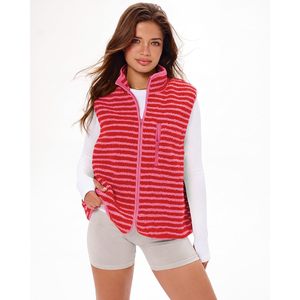 Gilet en polaire Sherpa rayé pour femme FOXA, col montant, sans manches, fermeture éclair intégrale, poche avant, vêtements d'automne - Product Image 6