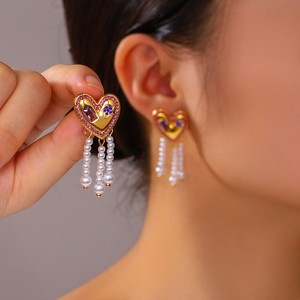 Nuovi <span class=keywords><strong>Orecchini</strong></span> Pendenti Lunghi alla Moda con Perle, Gioielli da Ragazza in <span class=keywords><strong>Acciaio</strong></span> Inossidabile con Stella di Diamanti e Nappa a Forma di Cuore - Product Image 1