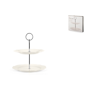 Alzata per torte a 2 livelli color avorio con manico cromato per feste e eventi - Product Image 1