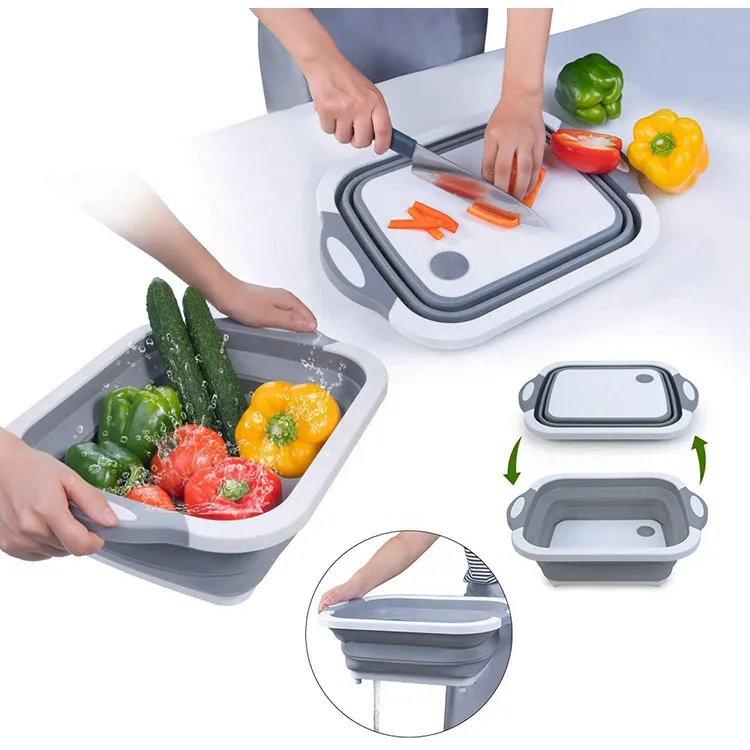 3 in 1 Multi-function Custom Kitchen Collapsible Cutting Board Storage Basket with Dish Tub