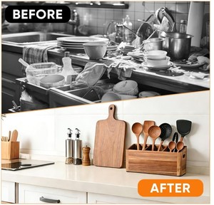 Porte-ustensiles en bois personnalisé pour comptoir de cuisine, grand organisateur d'ustensiles avec 3 compartiments, pot à outils de cuisine, style farmhouse - Product Image 5