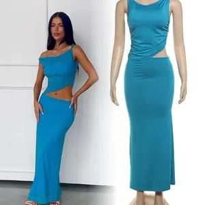 2024 summer teal blue two piece skirts set women sexy tank top and long skirts slim fit fashion party club outfits