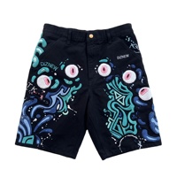 Shorts en jean noir épais DiZNEW Art avec broderie 3D motif œil et vague, détails lettres, boutons et éclaboussures blanches, unisexe, personnalisable OEM