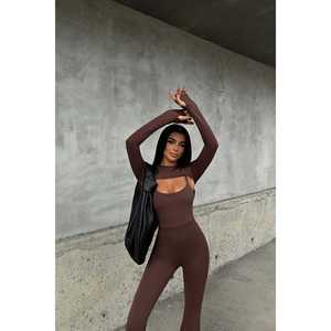 Women's Brown <b>Jumpsuit</b> Window Detail Bow Collar Knitted Fitness Yoga <b>Jumpsuit</b> for Autumn Summer <b>Parties</b> Midi Printed Pattern - Product Image 4