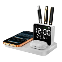 3-in-1 draadloos oplaadstation voor iPhone 17/17 Air 16 15 14 13 12 11 voor Airpods met wekker, temperatuurmeter & penhouder