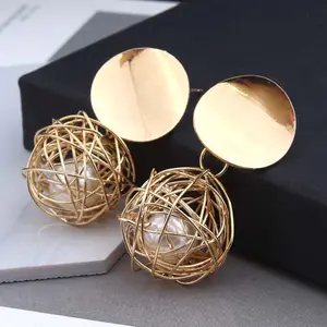 European and American retro geometric earrings simple woven ball pearl earrings metal accessories female South Korea tide