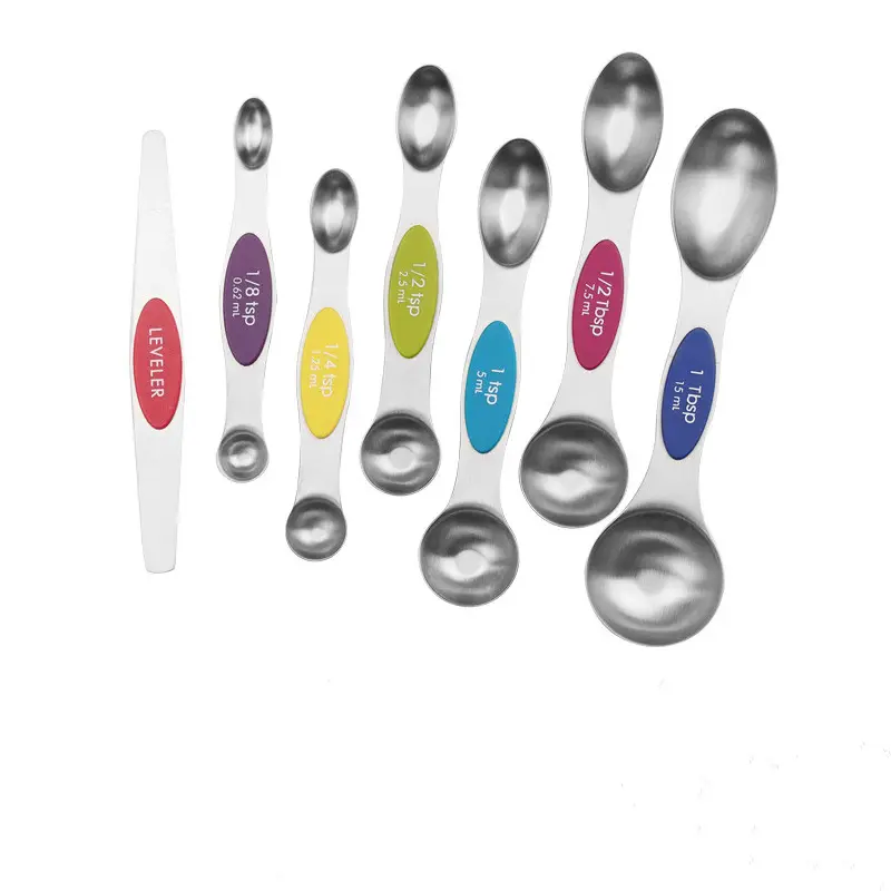 Stainless Steel Double Sided 7pack Dry & Liquid Ingredients 6 Spoons 1 Leveler Fit in Spice Jar Magnetic Measuring Spoons Set