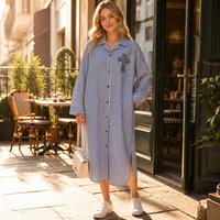 Robe Midi Rayée Style Urbain pour Femme, Col Hawaïen, Épaules Tombantes, Broderie Croisée, 100% Coton Écologique, Taille Naturelle, ODM