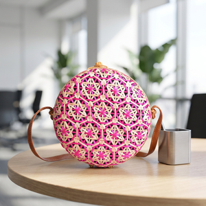Bolso Bandolera Redondo de Bambú Tejido para Mujer, Patrón Geométrico, Estilo Bohemio, Bolso de Playa - Product Image 5