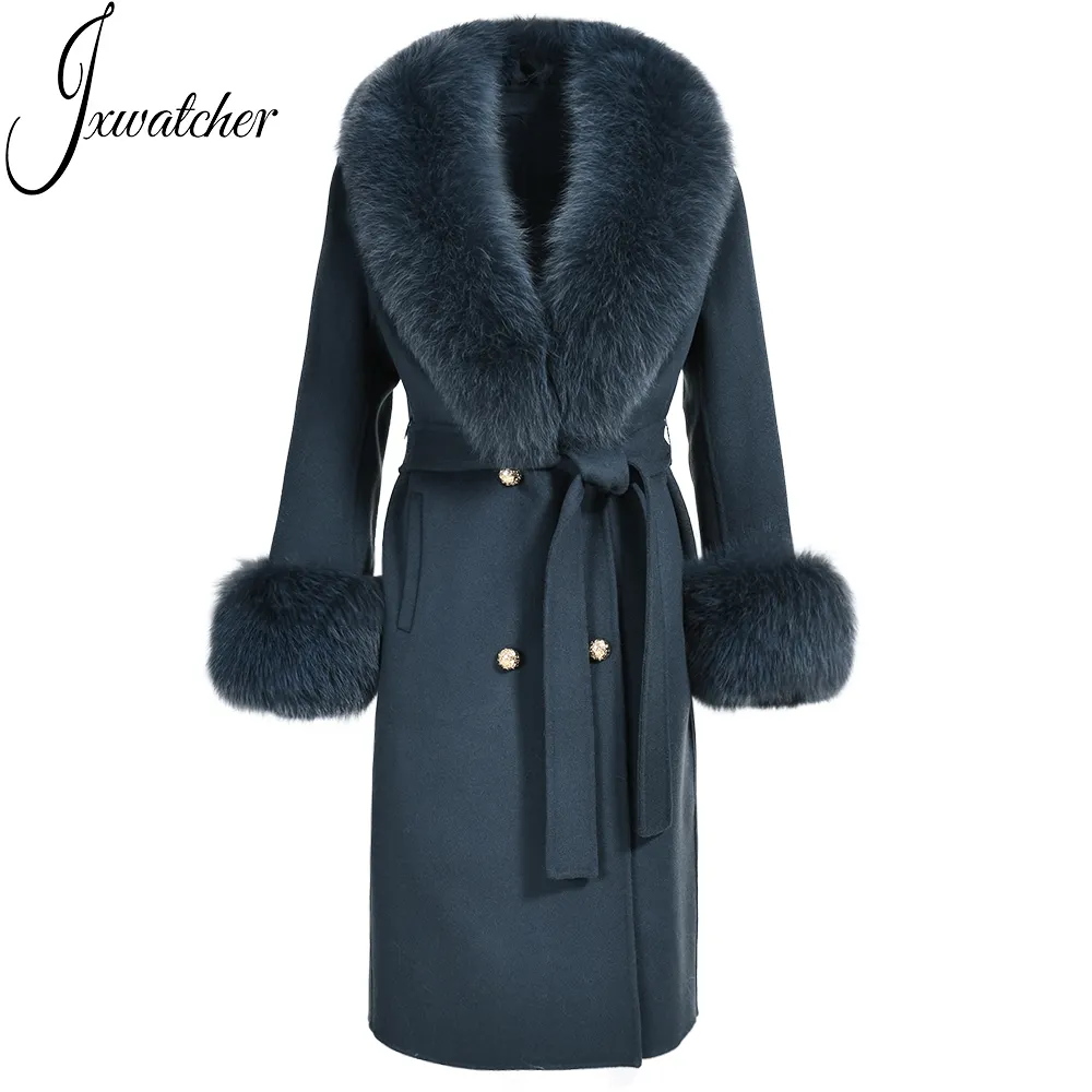 New Fashion Overcoat with Belt Winter Big Luxury Fox Fur Collar Long Trench Double Faced Slim Autumn Wool Cashmere Coat Women