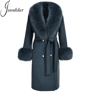 Nouvelle mode pardessus avec ceinture hiver grand luxe col en fourrure de renard longue Trench Double face mince automne laine cachemire manteau femmes