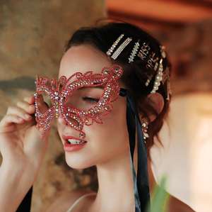 金属化妆舞会水晶蝴蝶面具水钻合金眼罩花式舞会万圣节女用面具红色 - Product Image 2