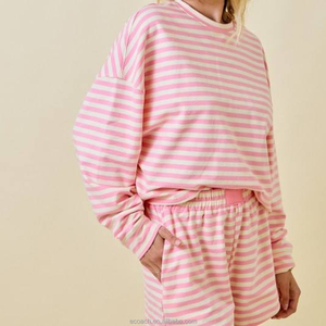Manufacturer Custom Autumn <strong>Women's</strong> Striped Terry Loose <strong>Long</strong> Sleeves Crewneck Sweatshirts Pullover <strong>Shorts</strong> Two Piece Set for <strong>Women</strong> - Product Image 4