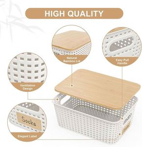 Plastic Storage Baskets With Bamboo <b>Lid</b> Stackable Storage <b>Bins</b>: Storage Baskets for Organizing - Product Image 3